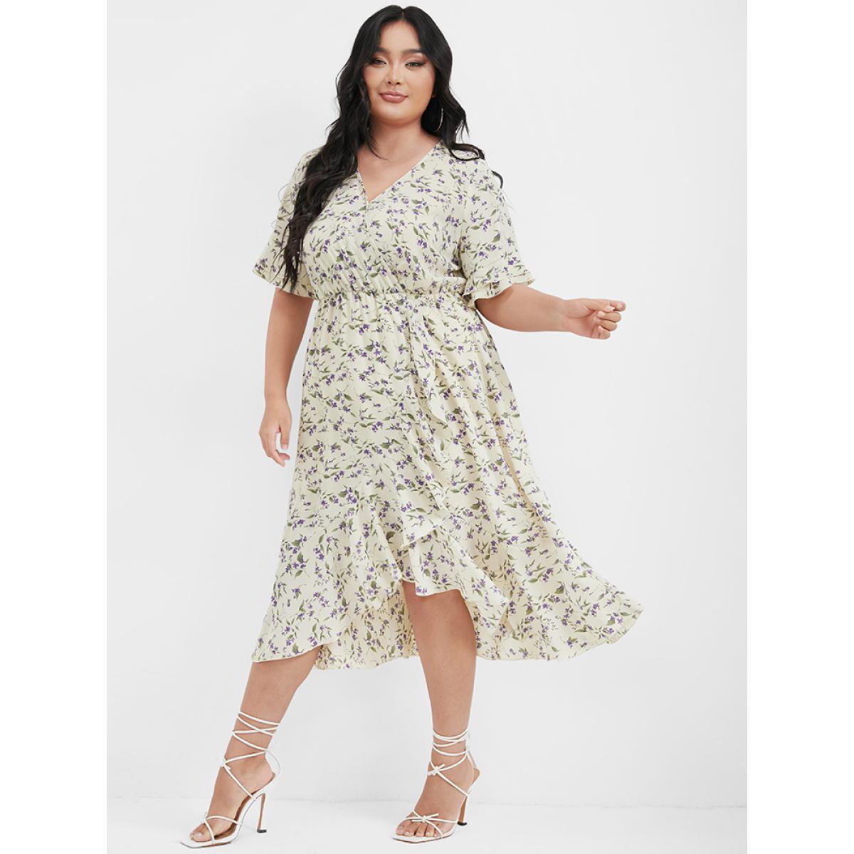 Plus Size Ditsy Floral Arc Hem Ruffled Wrap Dress Apricot Women Elegant Printed V-neck Short sleeve Curvy Midi Dress BloomChic 22-24/3X Product Image