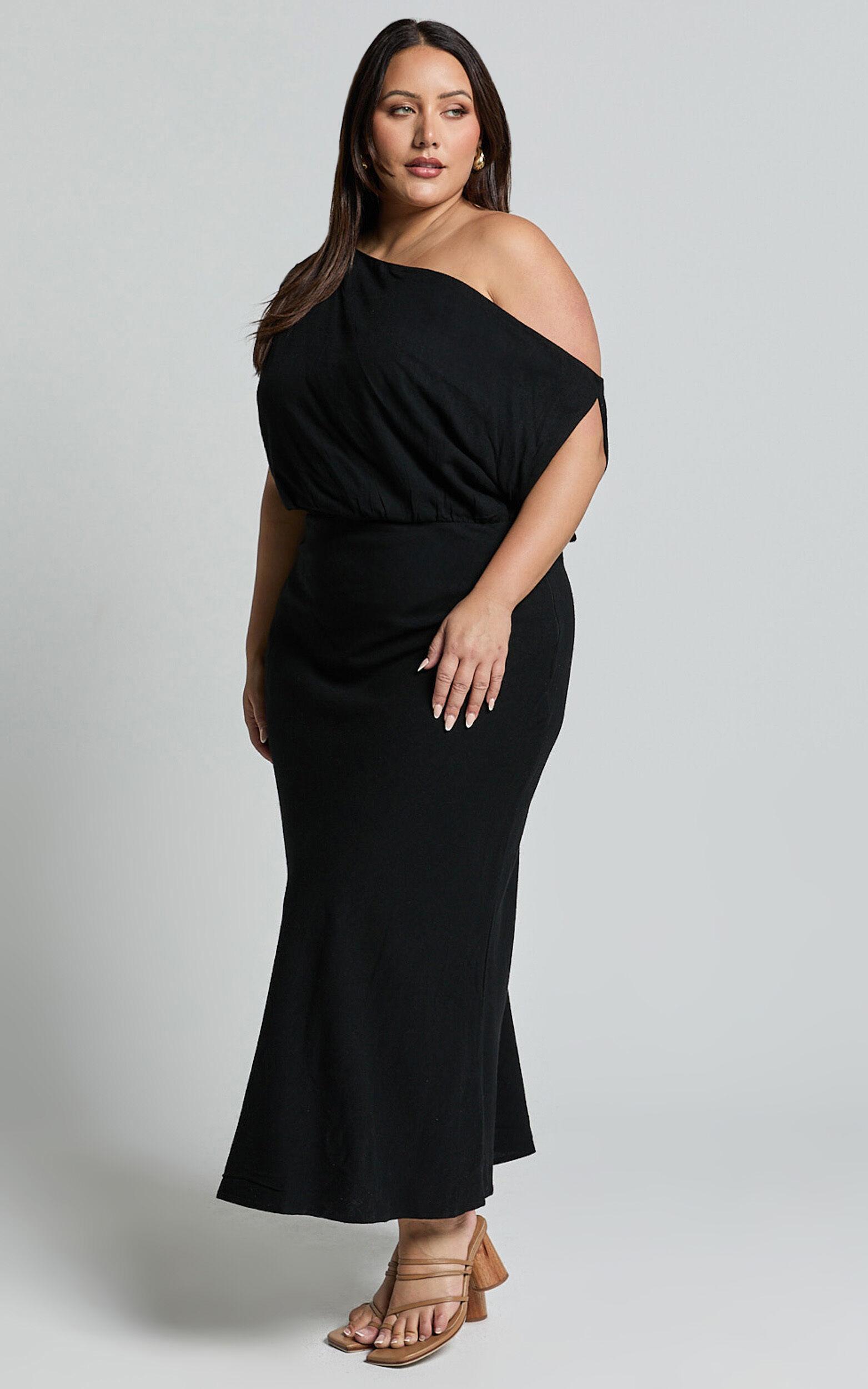 Jacqueline Midi Dress - Linen One Shoulder Dress in Black Product Image