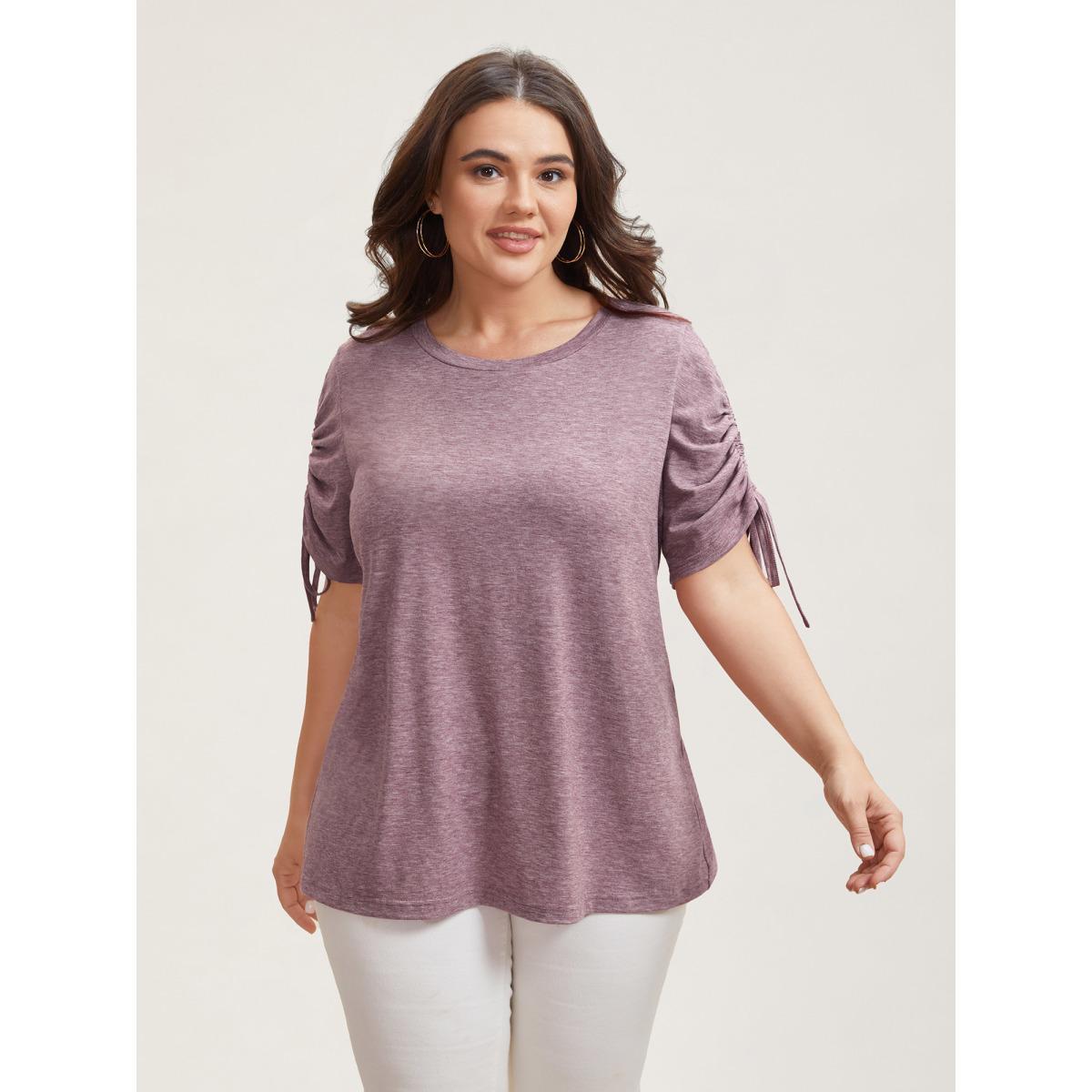 Plus Size Stretchy Heather Fabric Drawstring Sleeve T-Shirt Mauve Women Elegant Drawstring Round Neck Everyday T-shirts BloomChic 30/6X Product Image
