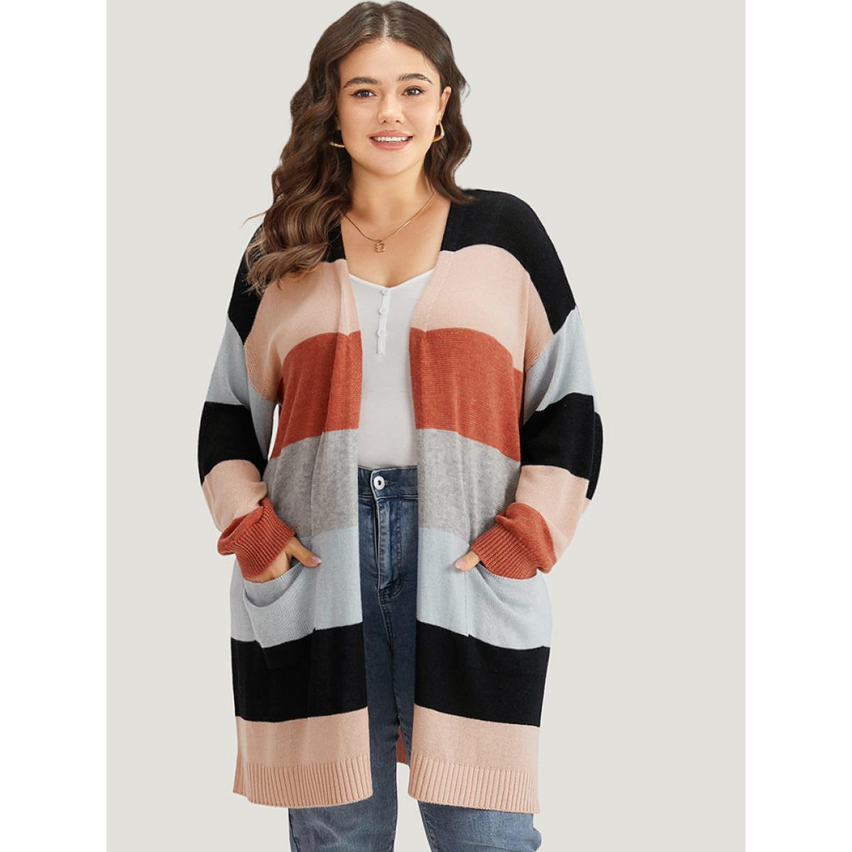 Plus Size Supersoft Essentials Colorblock Patched Pocket Tunic Cardigan Multicolor Women Casual Loose Long Sleeve Dailywear Cardigans BloomChic 22-24/3X Product Image