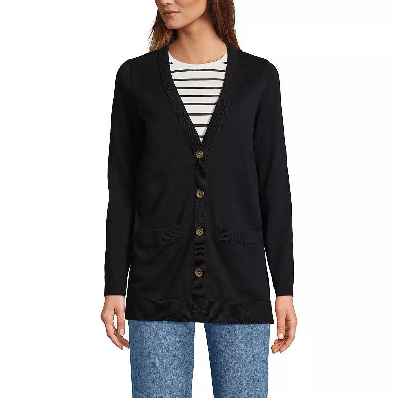 Women's Lands' End Cotton V-Neck Cardigan Sweater, Size: Large, Red Blue Tip Stripe Product Image