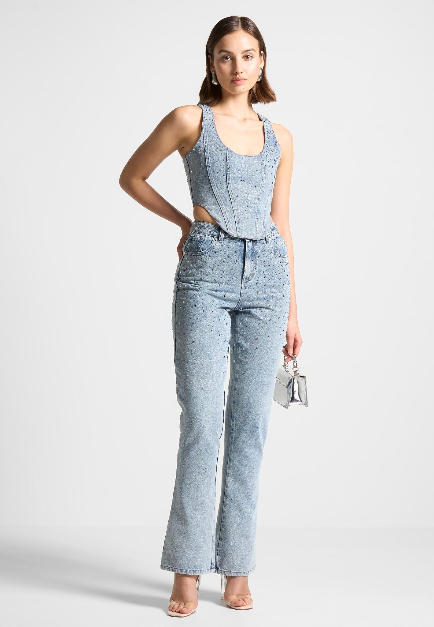 Scattered Rhinestone Denim Corset Top - Mid Blue Female Product Image