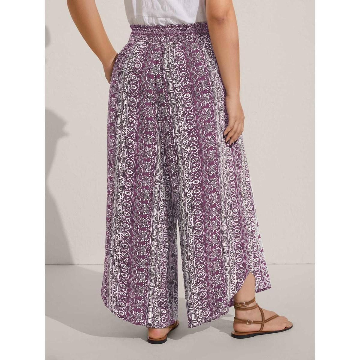 Plus Size Boho Print Shirred Waist Wide-Leg Pants Women Lilac Resort Wide Leg Mid Rise Vacation Pants BloomChic 26/4X Product Image