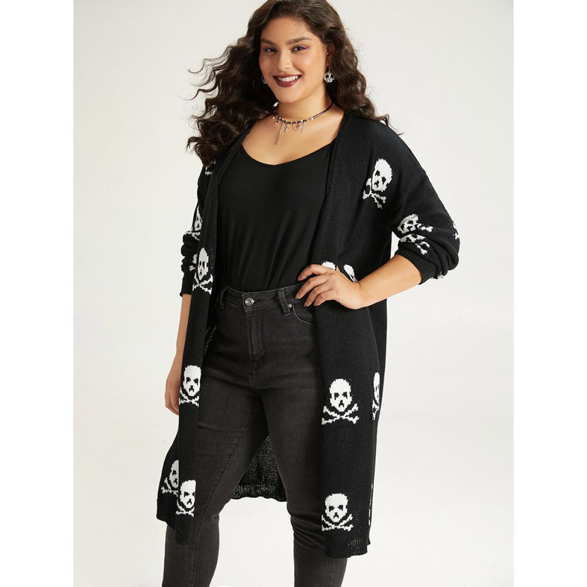 Plus Size Halloween Skull Print Split Side Drop Shoulder Maxi Cardigan Black Women Casual Loose Long Sleeve Festival-Halloween Cardigans BloomChic 14-16/1X Product Image