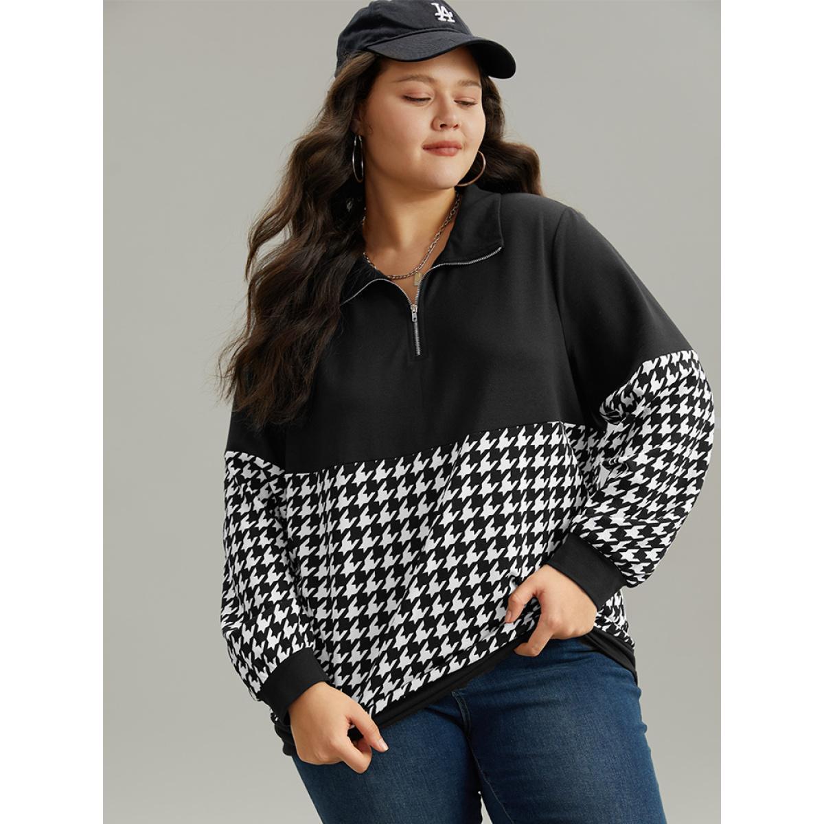 Plus Size Houndstooth Patchwork Half Zip Sweatshirt Women Black Casual Elastic cuffs Polo Dailywear Sweatshirts BloomChic 18-20/2X Product Image