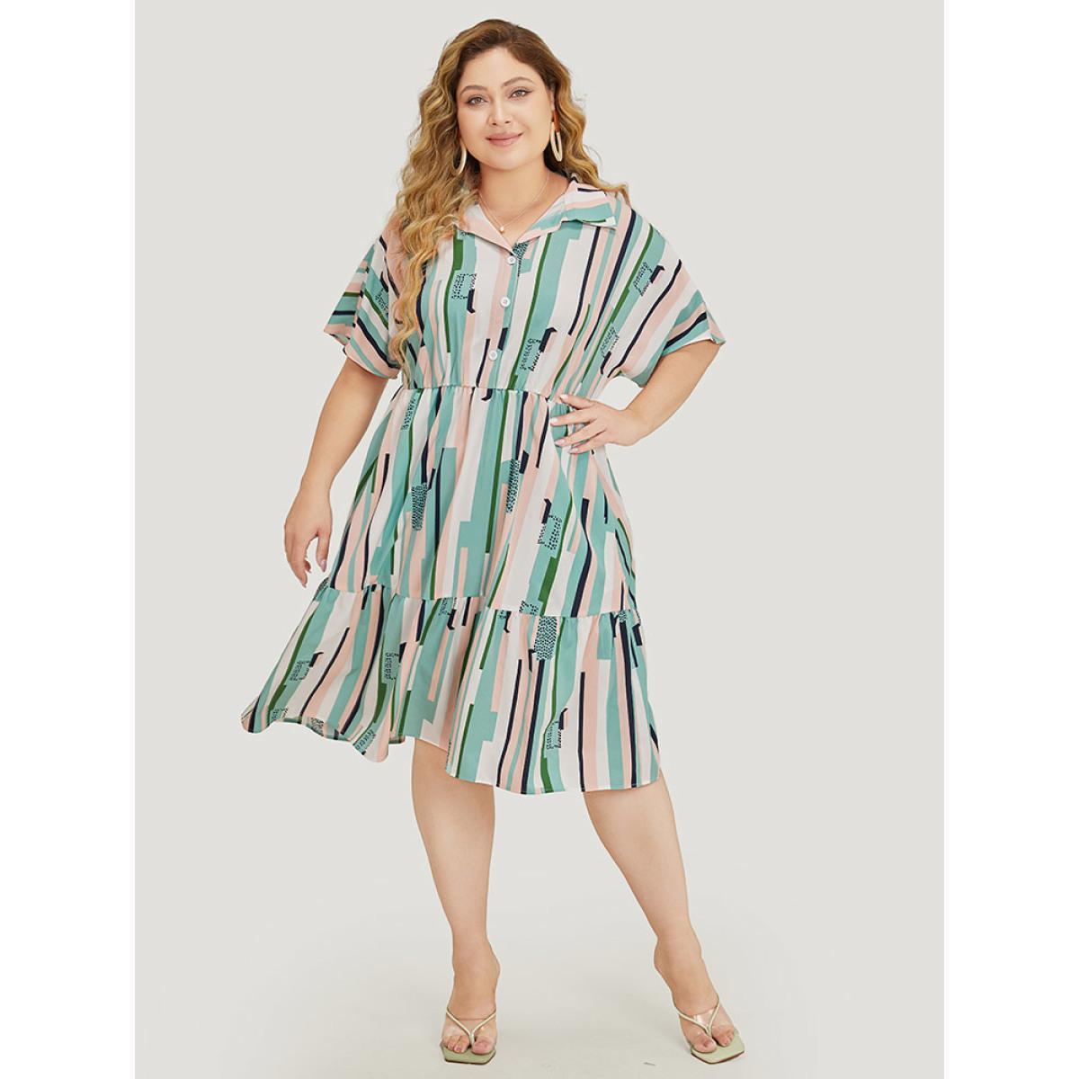 Plus Size Geometric Print Button Detail Pocket Flutter Tiered Dress Multicolor Women Elegant Contrast Lapel Collar Short sleeve Curvy Knee Dress BloomChic 28/5X Product Image