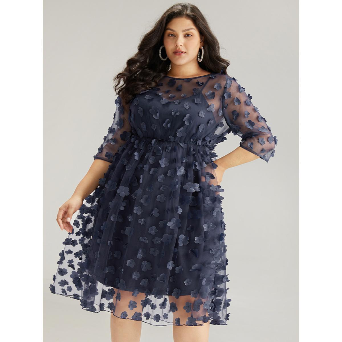 Plus Size Floral Embroidered Mesh Elastic Waist Crew Neck Dress DarkBlue Women Glamour See through Round Neck Elbow-length sleeve Curvy Knee Dress BloomChic 12/L Product Image