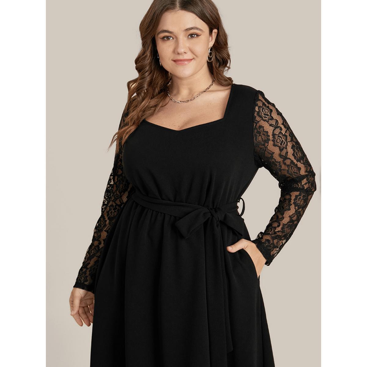 Plus Size Solid Pocket Lace Belted Flutter Dress Black Women Elegant Cut-Out V-neck Long Sleeve Curvy Midi Dress BloomChic 12/L Product Image