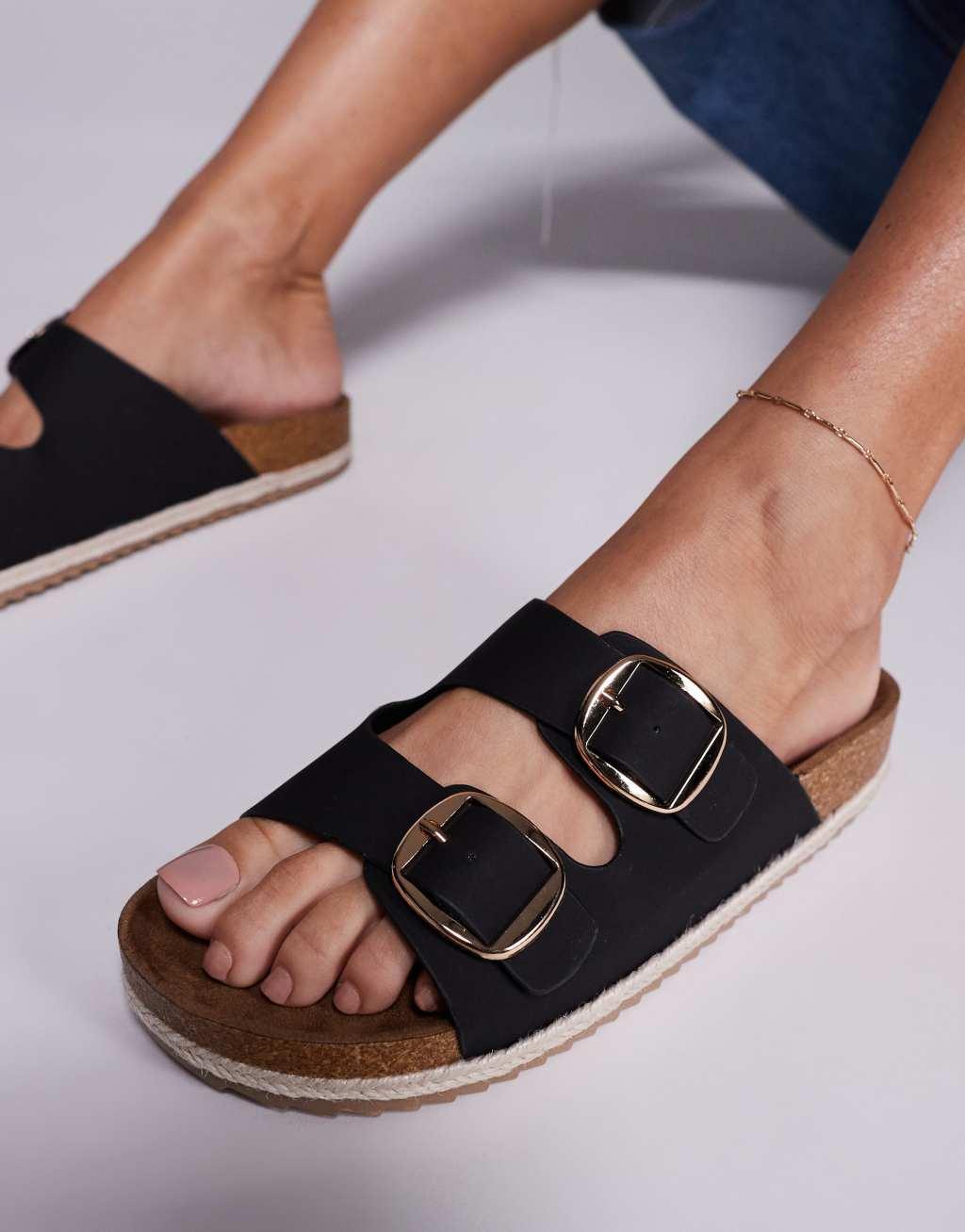 South Beach double buckle espadrille sandals in black textile Product Image