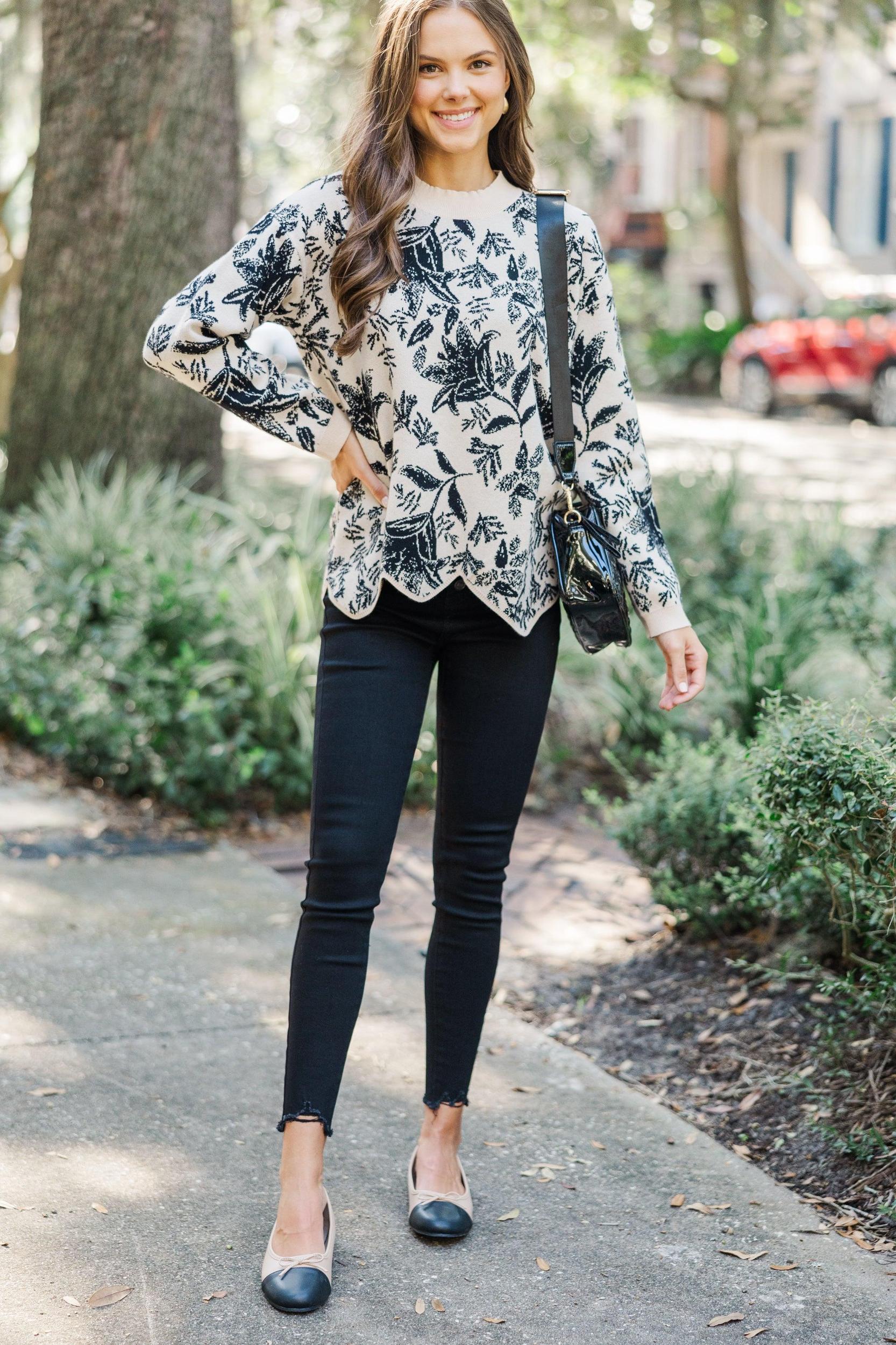 Work It Out Taupe White Floral Sweater Female Product Image