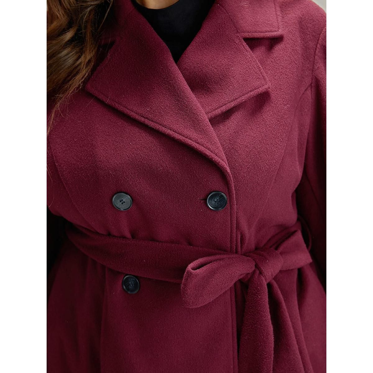 Plus Size Plain Button Up Belted Lapel Collar Coat Women Burgundy Casual Plain Ladies Dailywear Winter Coats BloomChic 12/L Product Image