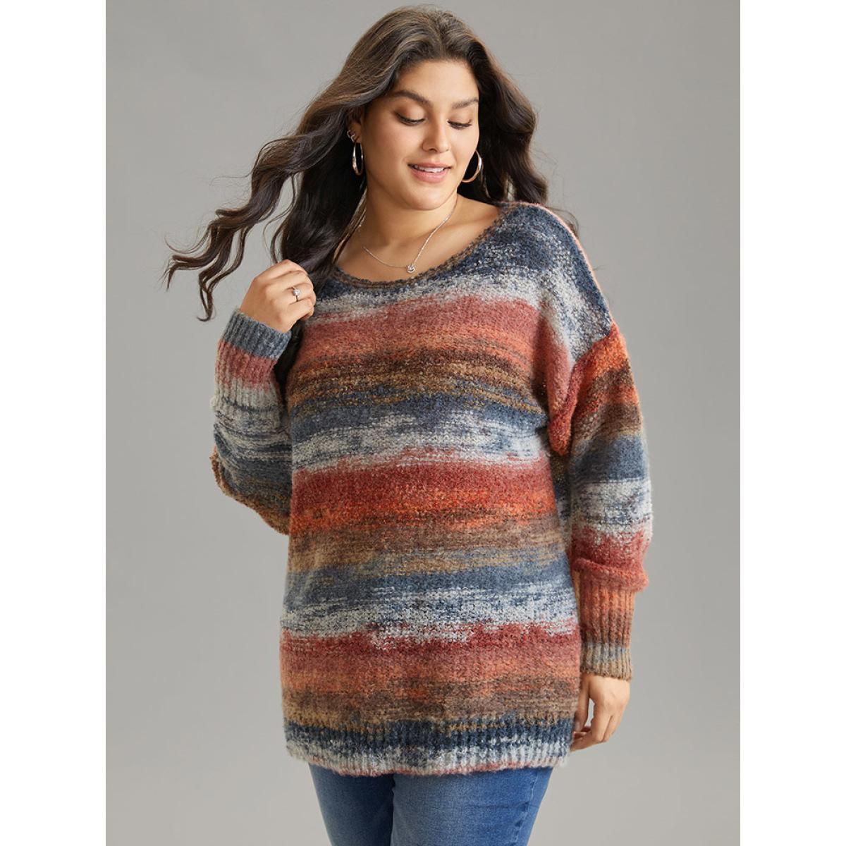 Plus Size Heather Colorblock Contrast Drop Shoulder Pullover Multicolor Women Casual Loose Long Sleeve Round Neck Everyday Pullovers BloomChic 14-16/1X Product Image