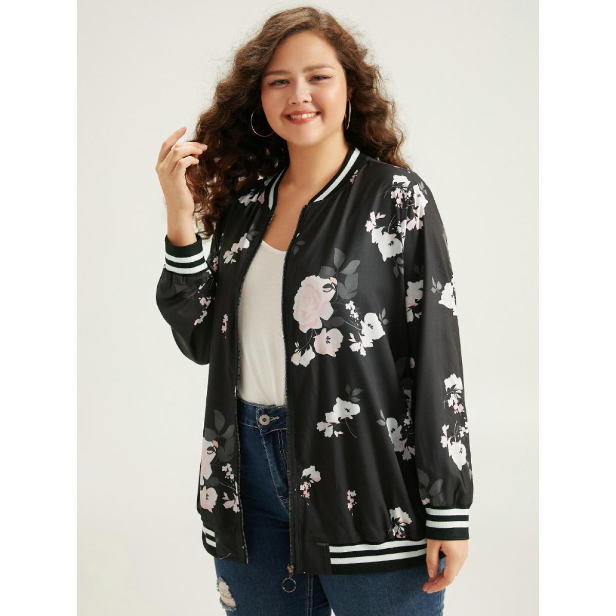 Plus Size Floral Contrast Trim O Ring Zipper Jacket Women Black Elastic cuffs Dailywear Jackets BloomChic 18-20/2X Product Image