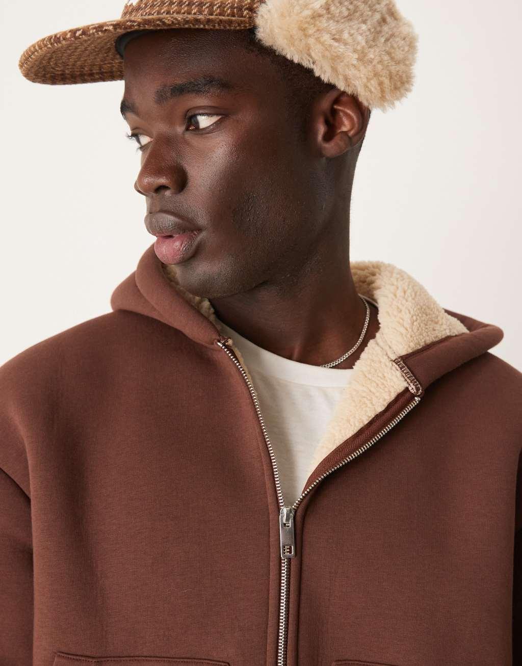 ASOS DESIGN oversized boxy borg lined hoodie in brown Product Image