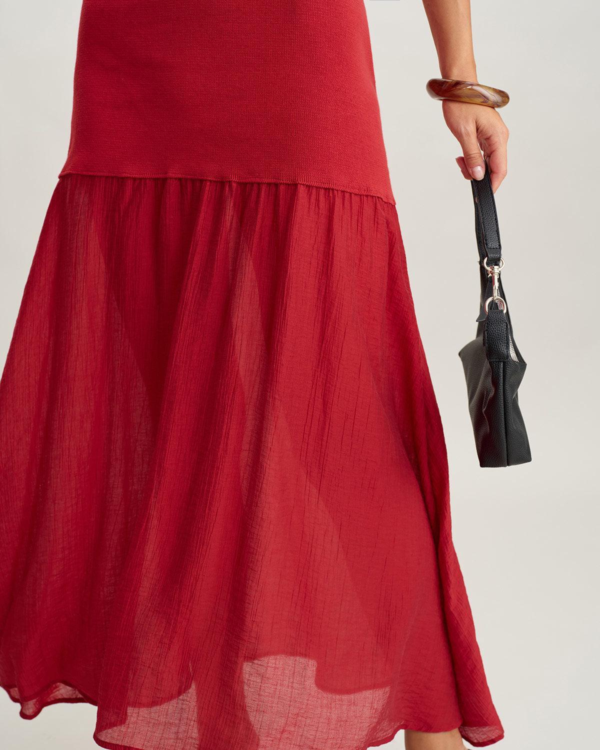 Red Ribbed Knit Sleeveless Maxi Dress Product Image