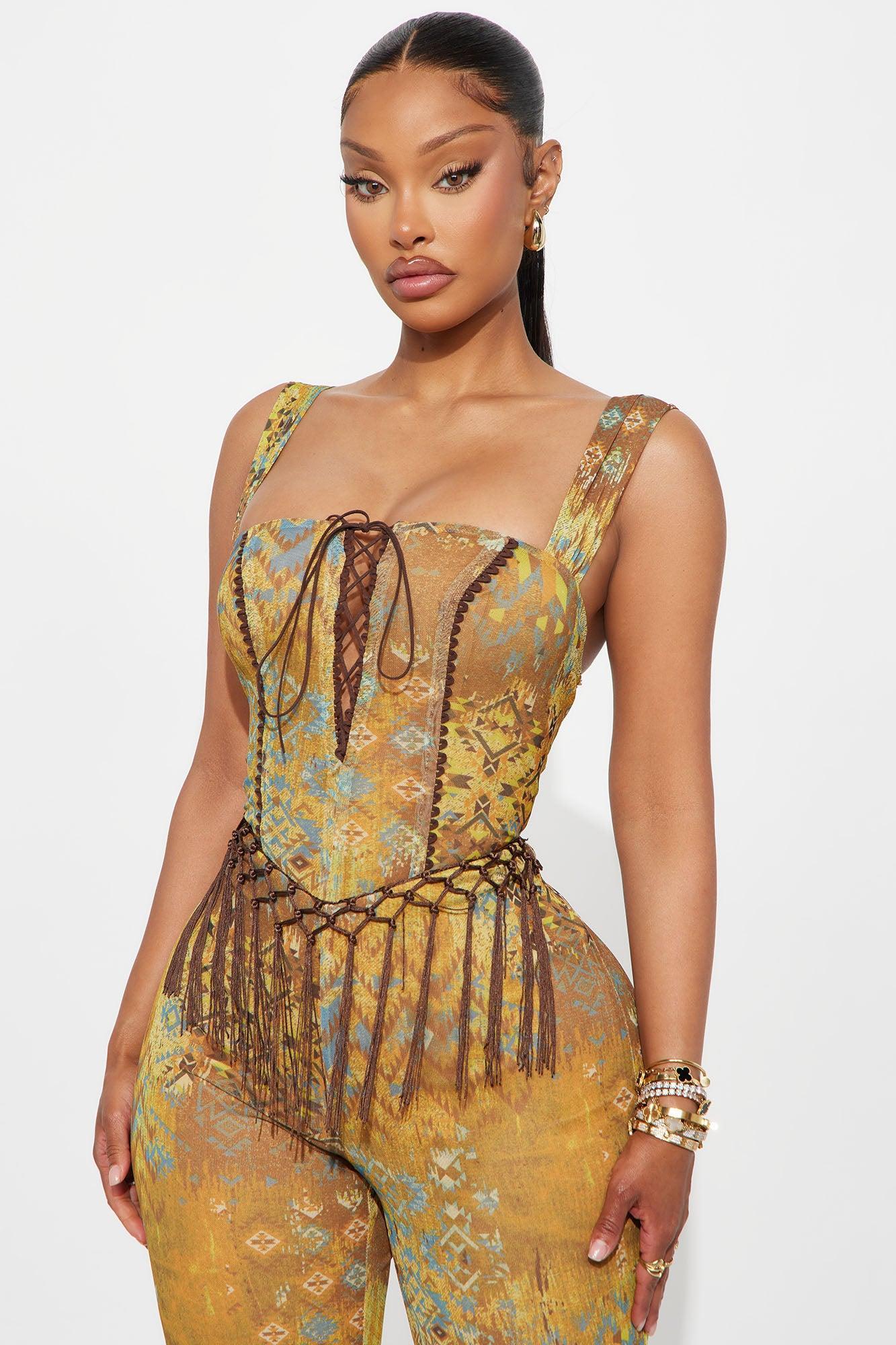 Mystic Aura Mesh Tribal Flare Leg Pant Set - Brown/combo Product Image