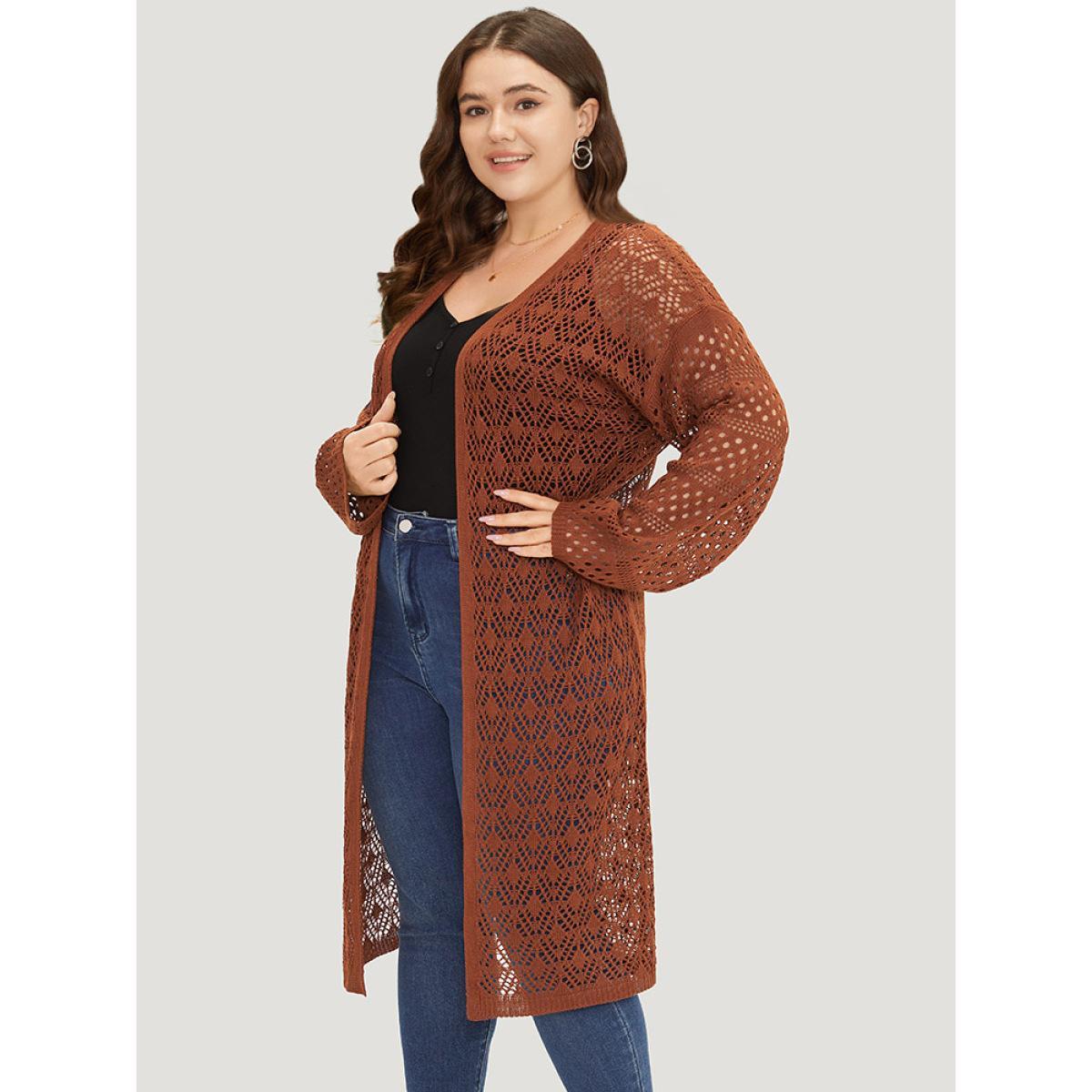 Plus Size Plain Hollow Out Split Side Maxi Cardigan Maroon Women Casual Loose Long Sleeve Dailywear Cardigans BloomChic 26/4X Product Image