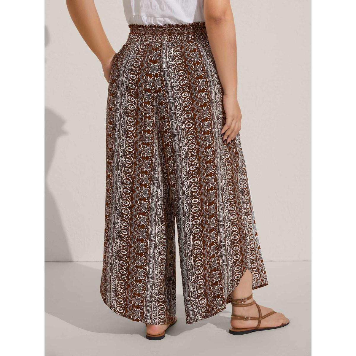 Plus Size Boho Print Shirred Waist Wide-Leg Pants Women Black Resort Wide Leg Mid Rise Vacation Pants BloomChic 14-16/1X Product Image