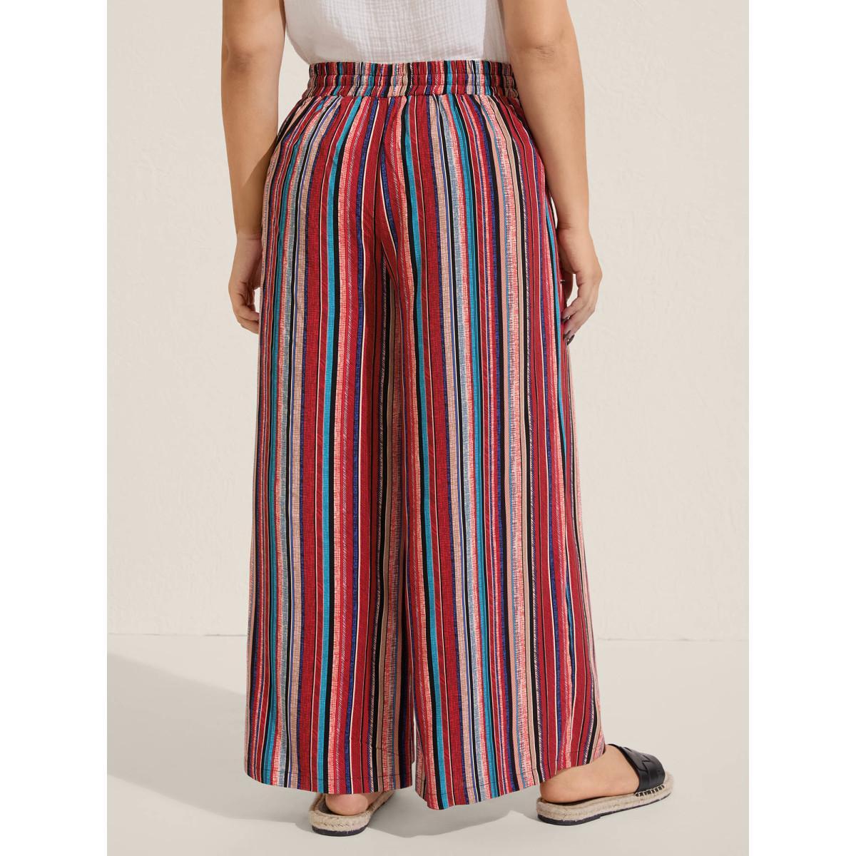Plus Size Boho Stripes Drawstring Wide-Leg Pants Women Crimson Resort Wide Leg Mid Rise Vacation Pants BloomChic 14-16/1X Product Image