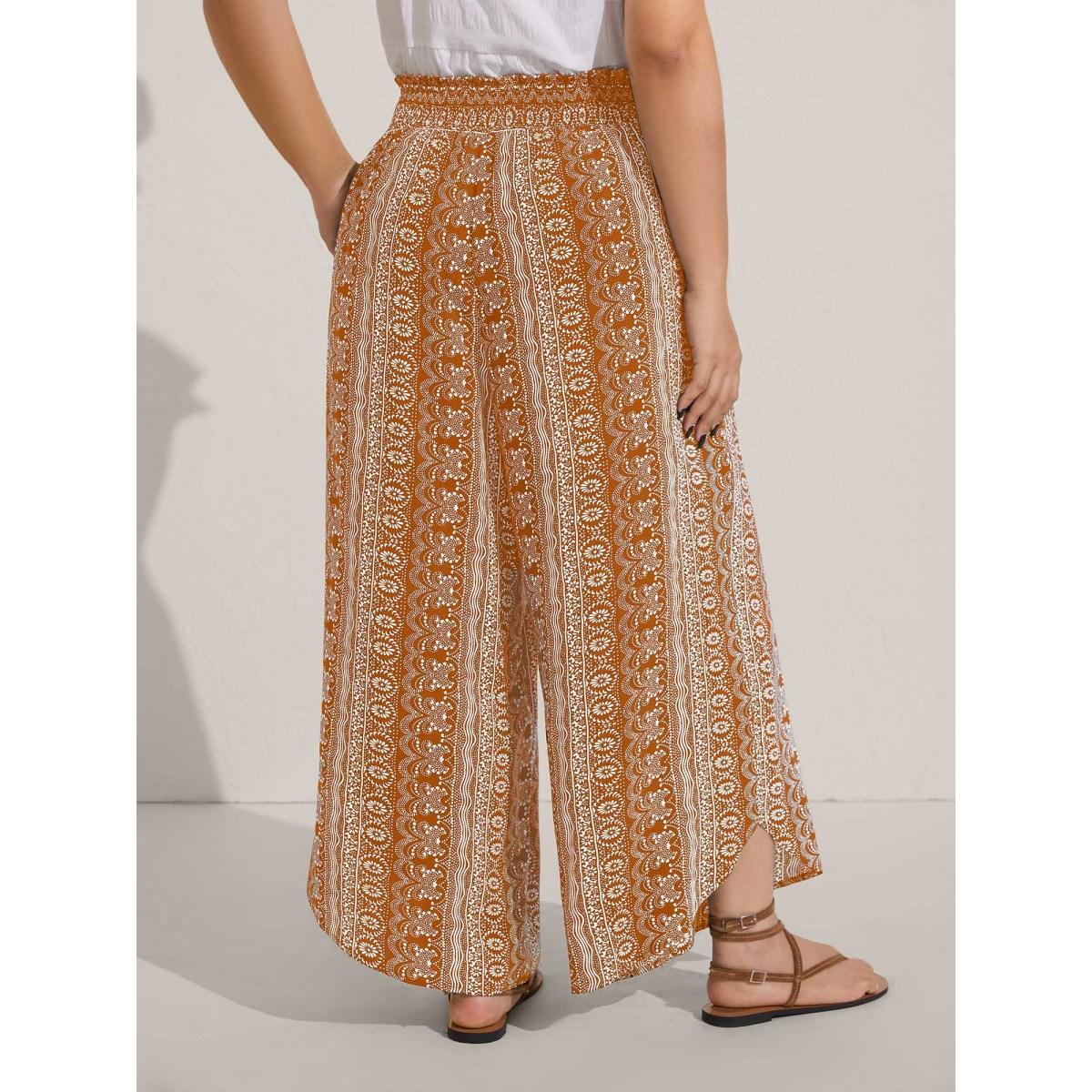 Plus Size Boho Print Shirred Waist Wide-Leg Pants Women Yellowishbrown Resort Wide Leg Mid Rise Vacation Pants BloomChic 30/6X Product Image