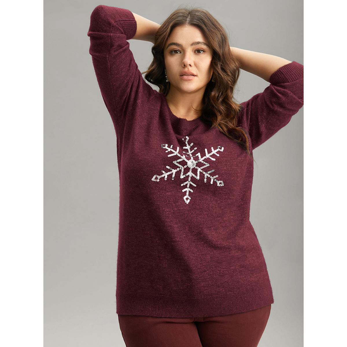 Plus Size Anti-Pilling Sequin Snowflake Round Neck Pullover Burgundy Women Casual Loose Long Sleeve Round Neck Festival-Christmas Pullovers BloomChic 28/5X Product Image