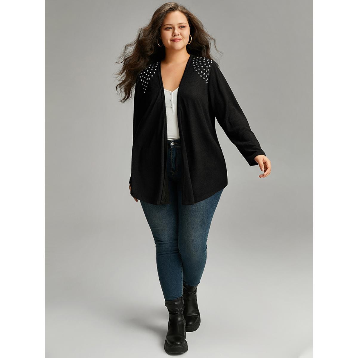 Plus Size Plain Rivets Detail Open Front Asymmetrical Hem Kimono Women Black Work From Home Texture Work Kimonos BloomChic 10/M Product Image