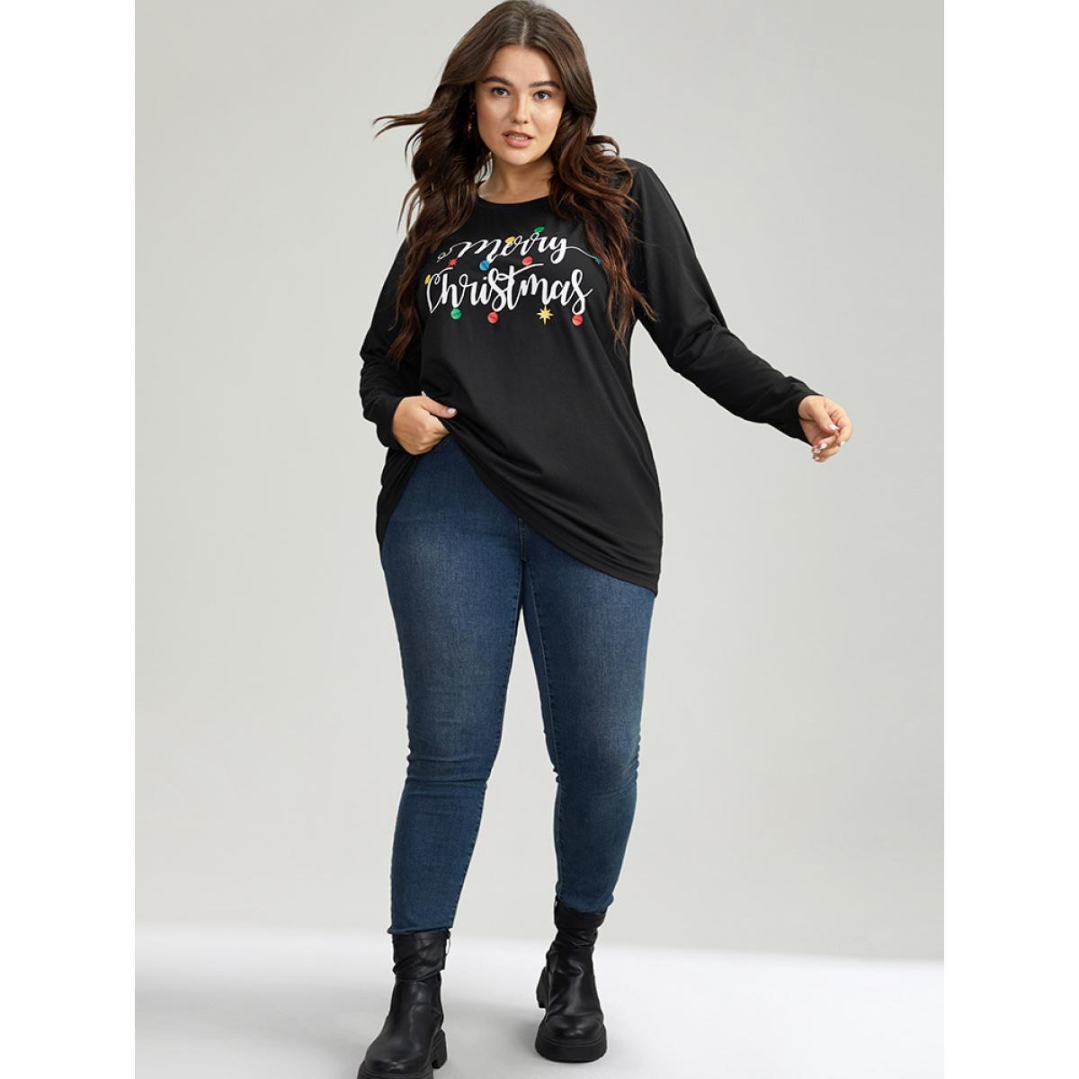 Plus Size Christmas Letter Print Crew Neck T-shirt Black Women Casual Printed Christmas Festival-Christmas T-shirts BloomChic 12/L Product Image