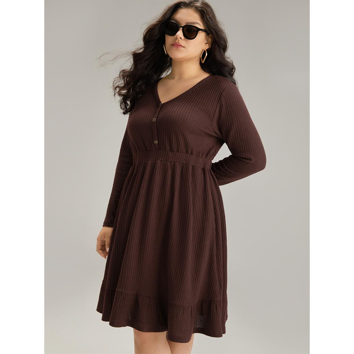 Plus Size Waffle Knit Button Up Elastic Waist Dress DarkBrown Women Casual Plain V-neck Long Sleeve Curvy Knee Dress BloomChic 28/5X Product Image