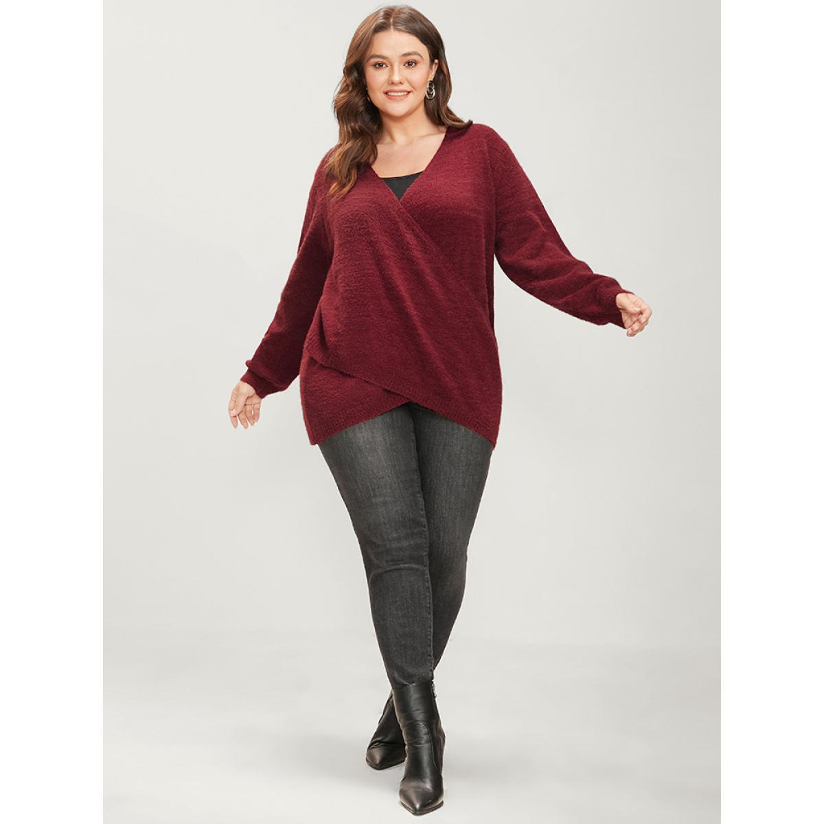 Plus Size Solid Soft Plush Knit Crossover Hem Knit Top Scarlet Women Elegant Loose Long Sleeve Overlap Collar Dailywear Pullovers BloomChic 26/4X Product Image