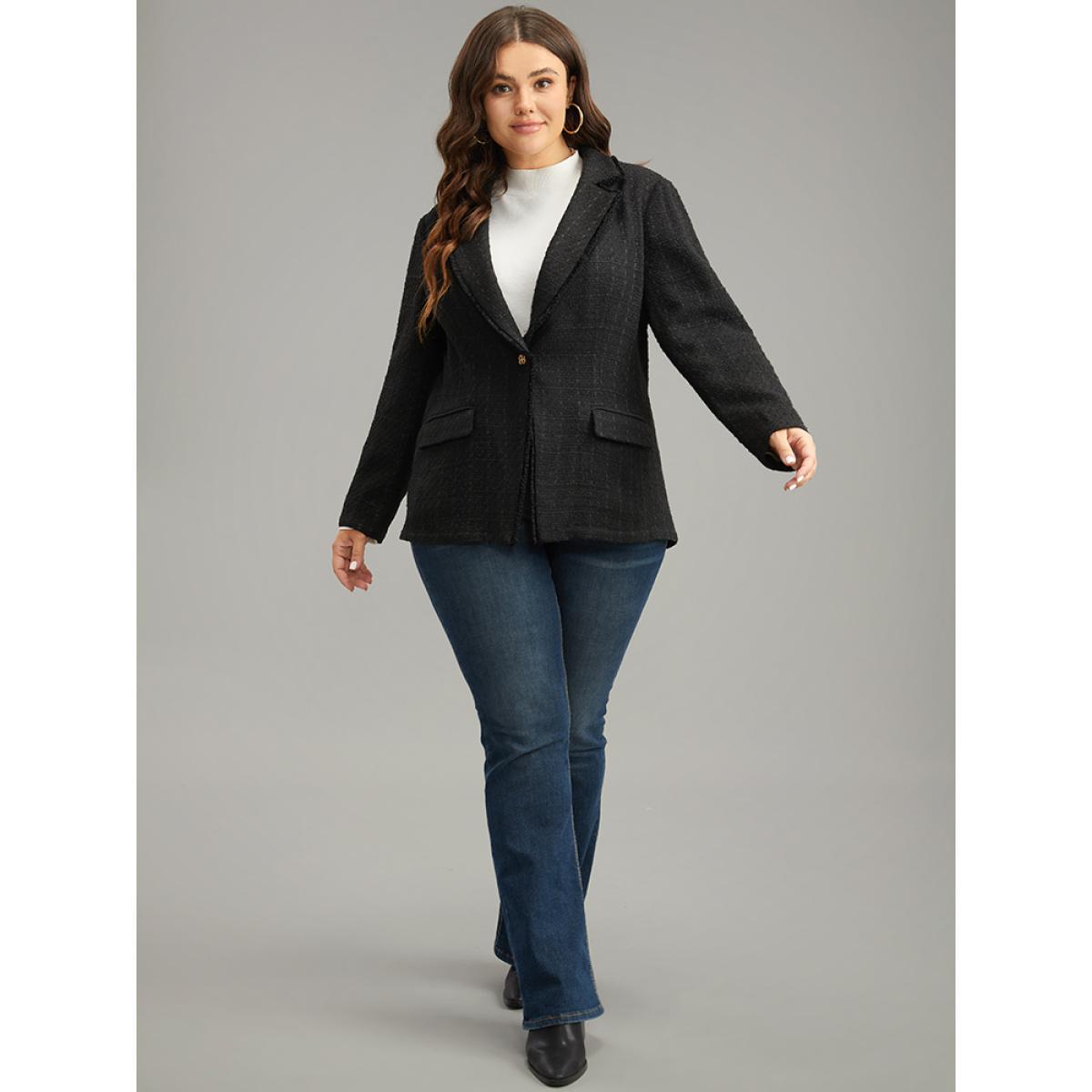 Plus Size Plain Tweed Plisse Pocket Button Through Blazer Black Women Dailywear Plain Texture Sleeve Long Sleeve Suit Collar 14-16/1X Pocket Elegant Blazers BloomChic Product Image