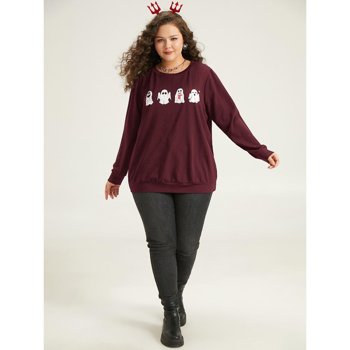 Plus Size Halloween Print Crew Neck Sweatshirt Women Burgundy Casual Printed Festival-Halloween Sweatshirts BloomChic 10/M Product Image