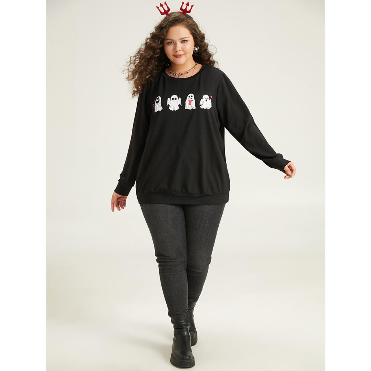 Plus Size Halloween Print Crew Neck Sweatshirt Women Black Casual Printed Festival-Halloween Sweatshirts BloomChic 14-16/1X Product Image