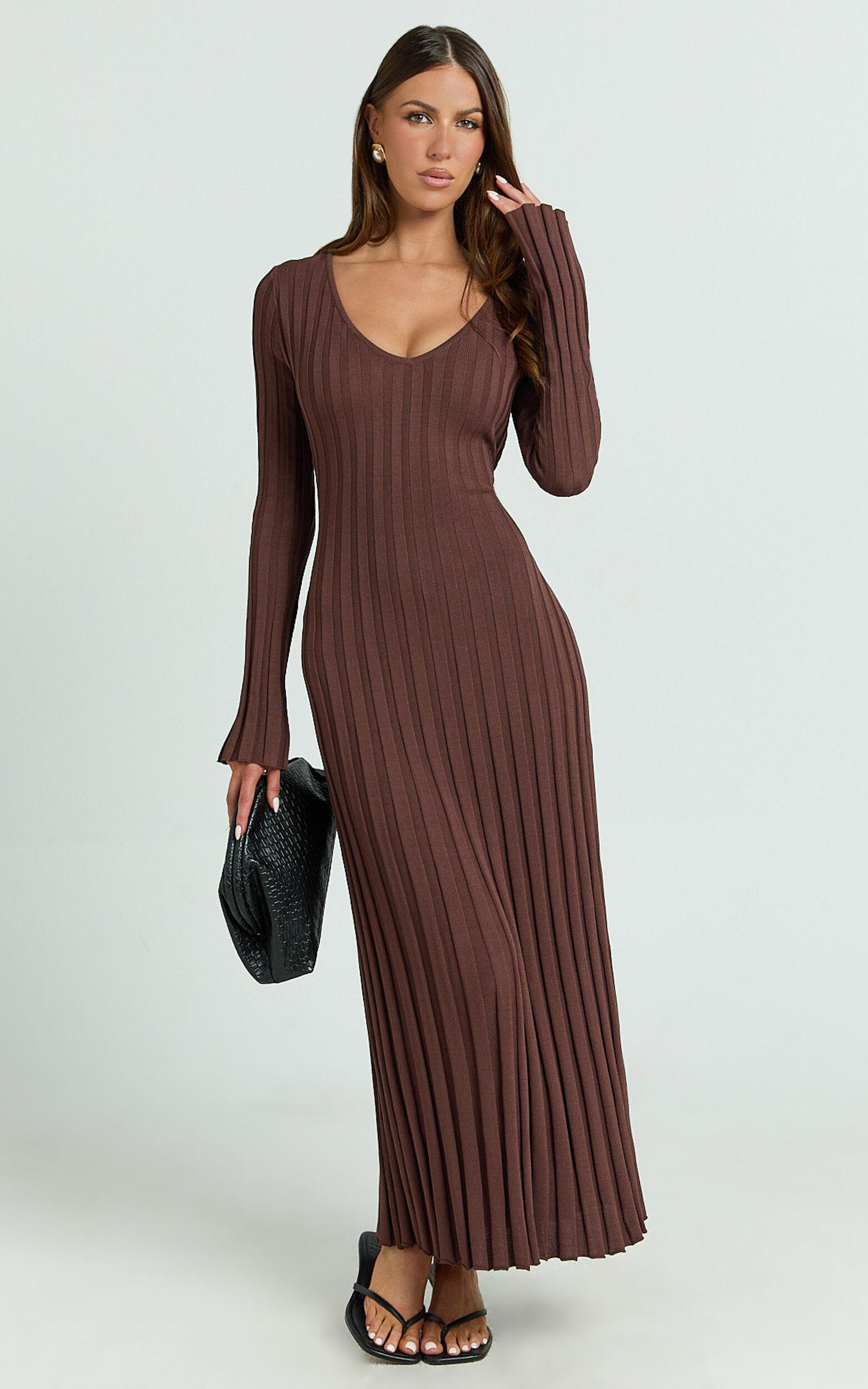 Astra Maxi Dress - V Neck Long Sleeve Knit Dress in Chocolate Product Image