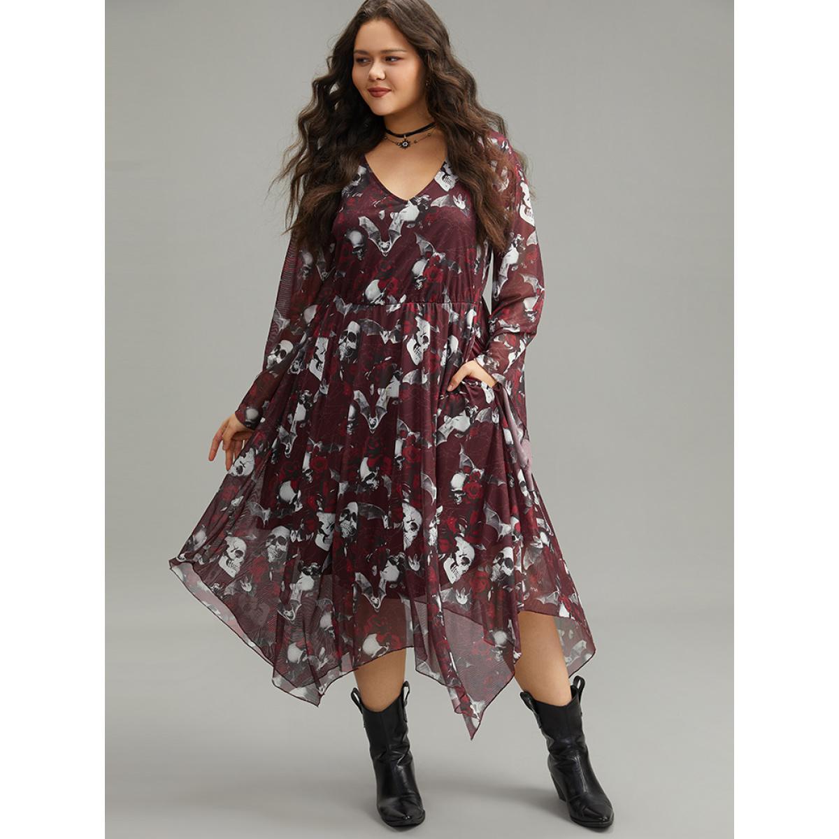 Plus Size Halloween Skull & Floral Print Bell Sleeve Dress Burgundy Women Elegant See through V-neck Long Sleeve Curvy Midi Dress BloomChic 18-20/2X Product Image