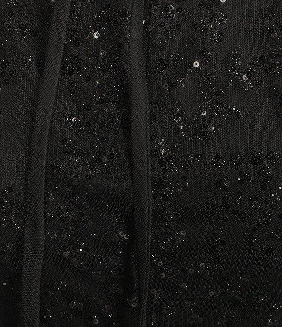 Blondie Nites Glitter/Sequin Mesh Leaf Print V-Neck Tie Back Long Gown Product Image