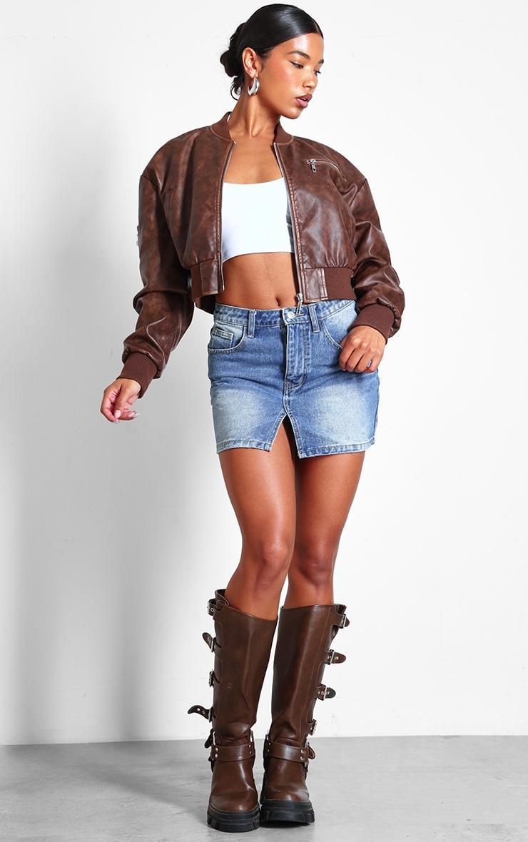 Mid Blue Wash Split Front Denim Mini Skirt Product Image