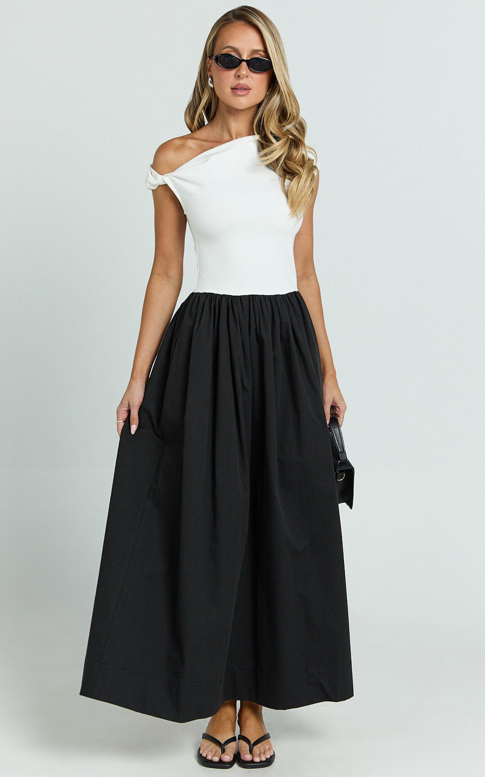 Jhamie Midi Dress - One Shoulder Contrast Skirt Dress in White/Black Product Image