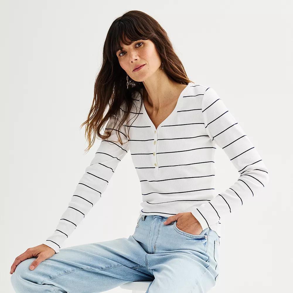 Women's Sonoma Goods For Life® Rib Long Sleeve Henley, Size: XXL, Blue Brown Stripe Product Image