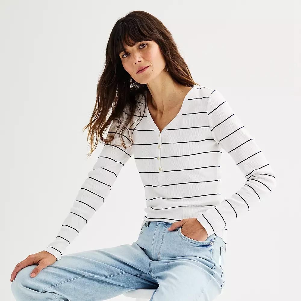 Women's Sonoma Goods For Life® Rib Long Sleeve Henley, Size: XXL, Blue Brown Stripe Product Image