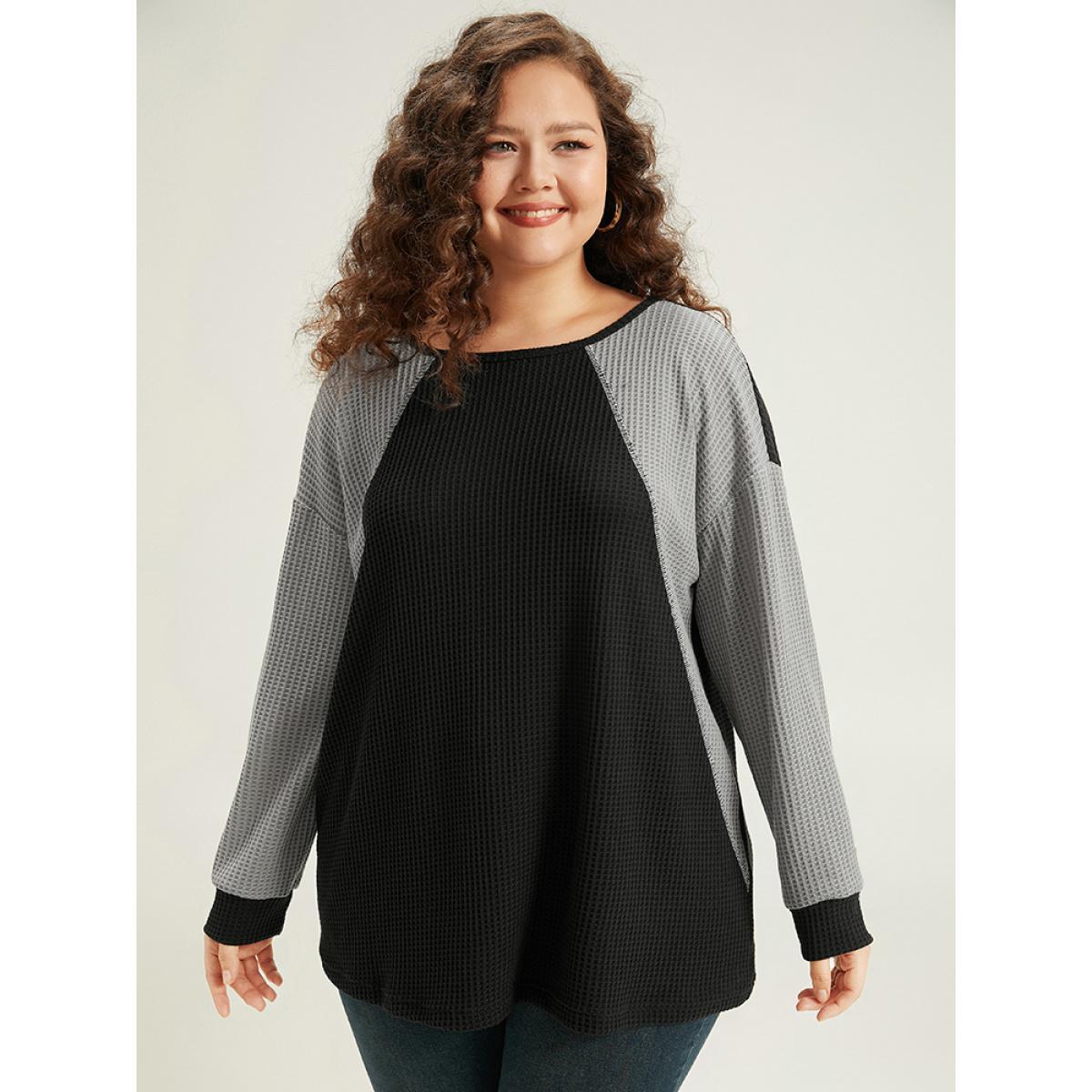 Plus Size Waffle Knit Colorblock Contrast Stitch Sweatshirt Women Black Casual Elastic cuffs Round Neck Dailywear Sweatshirts BloomChic 14-16/1X Product Image