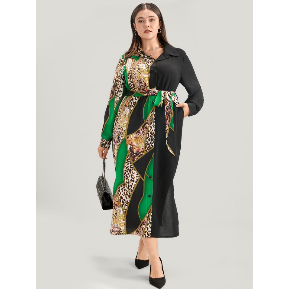 Plus Size Chain Print Shirt Collar Pocket Split Belted Button Up Dress Green Women Office Printed Shirt collar Curvy Midi Dress BloomChic 30/6X Product Image
