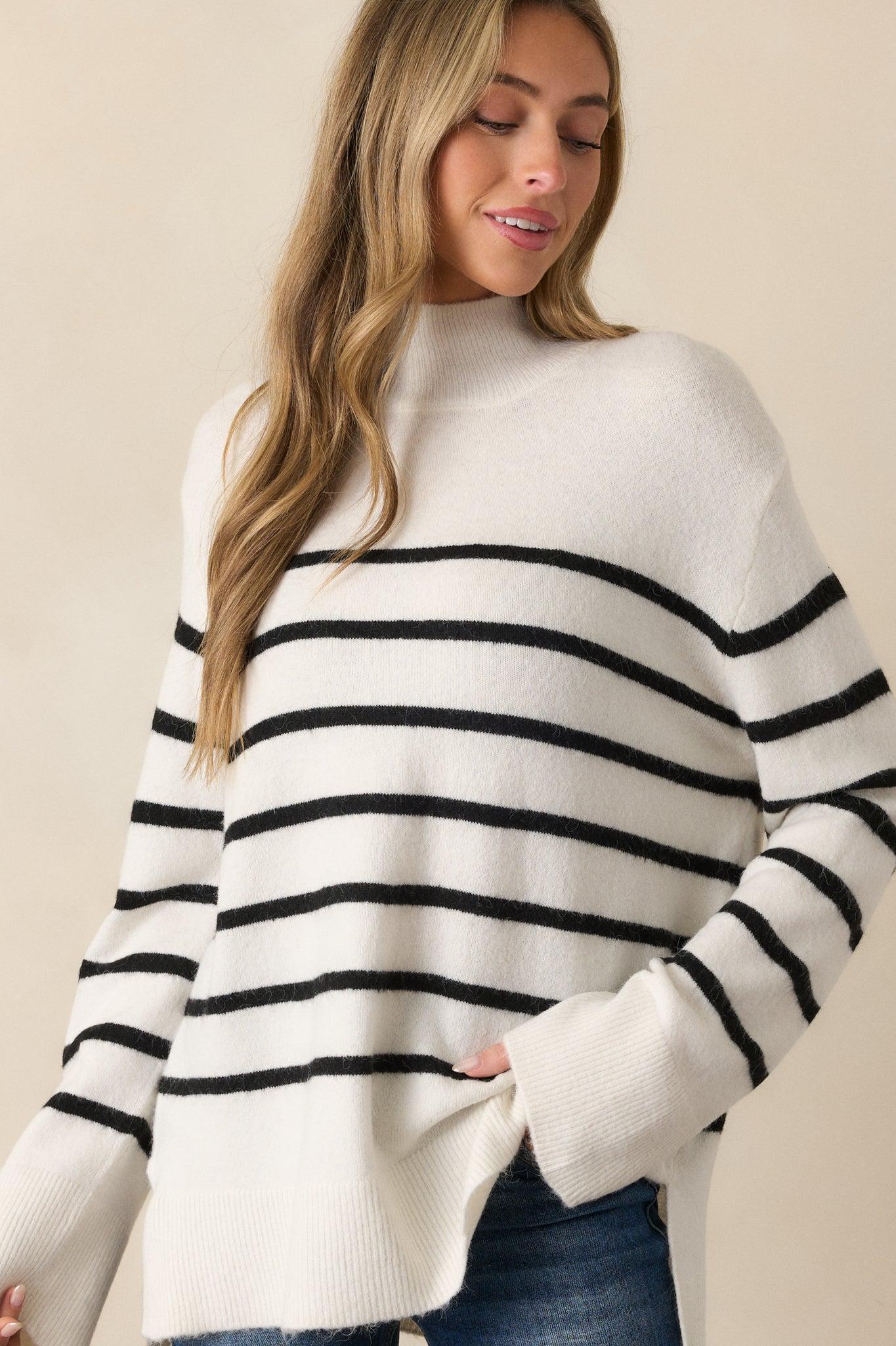 Z Supply Fin Sea Salt Ivory Stripe Turtleneck Sweater Product Image