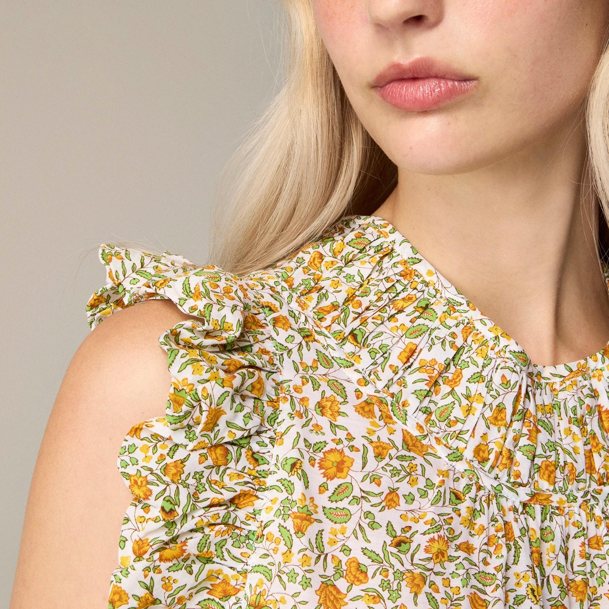 Gathered ruffle-sleeve top in floral vines cotton voile Product Image