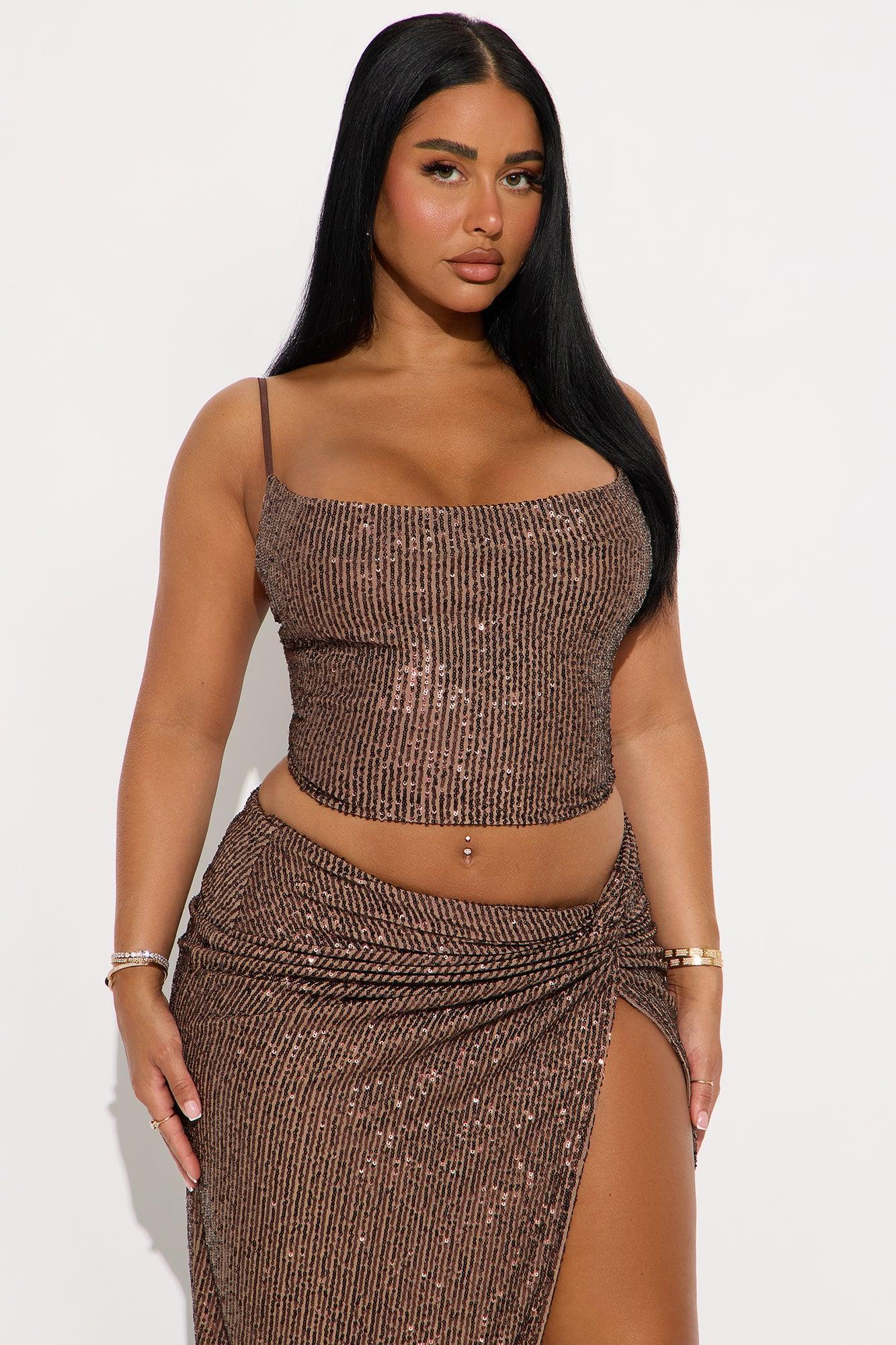 Side Of Spice Sequin Maxi Skirt Set - Chocolate Product Image