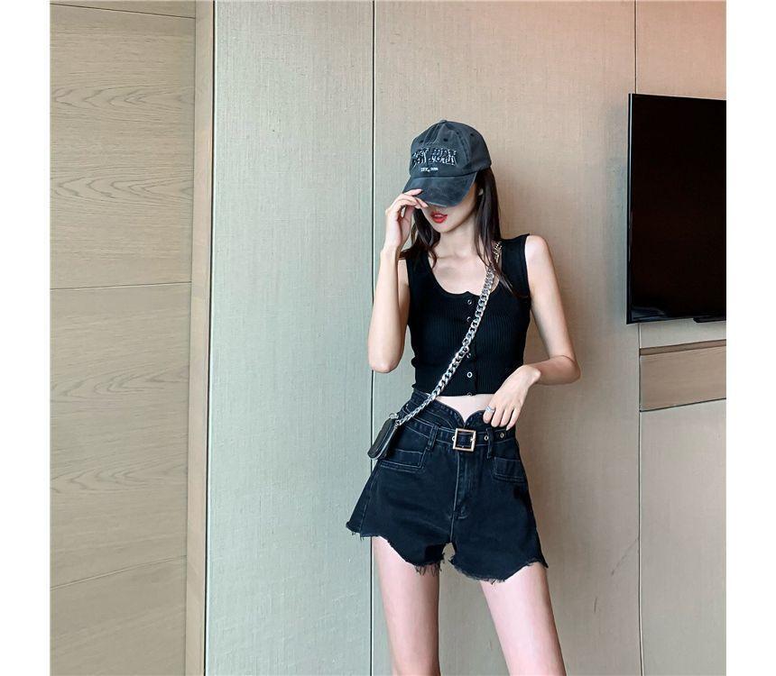 High Waist Washed Belted Fray Denim Shorts Product Image