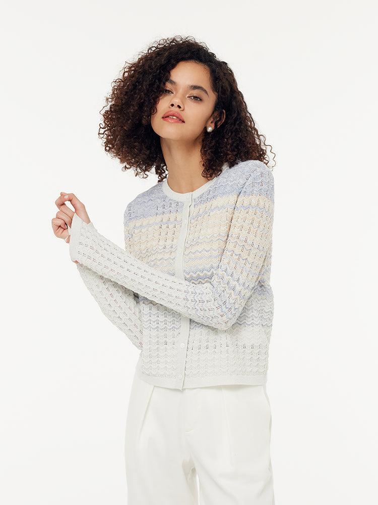 Cotton Blue And White Gradient Stripe Women Cardigan Product Image