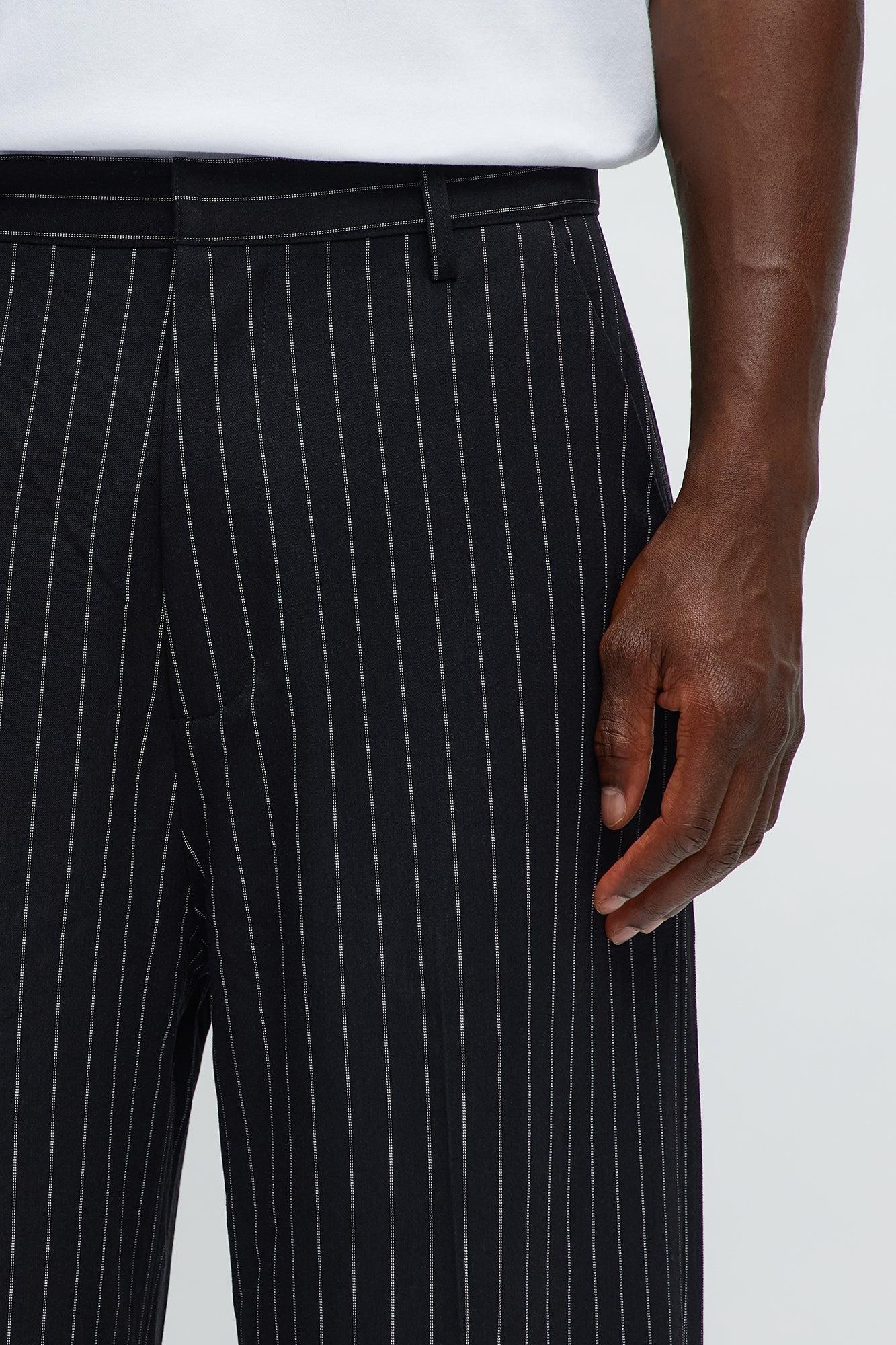 Wide Leg Straight Striped Trousers - Black Product Image