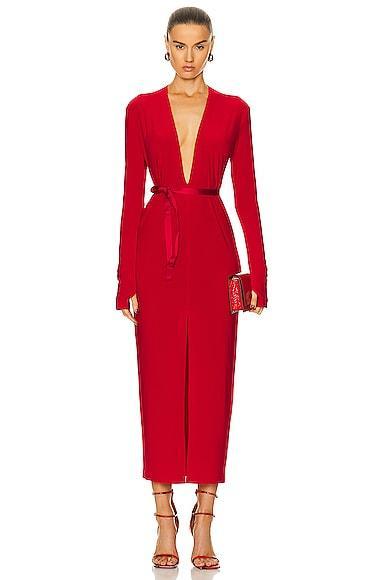 Long Sleeve Deep V Neck Center Front Slit Gown Product Image