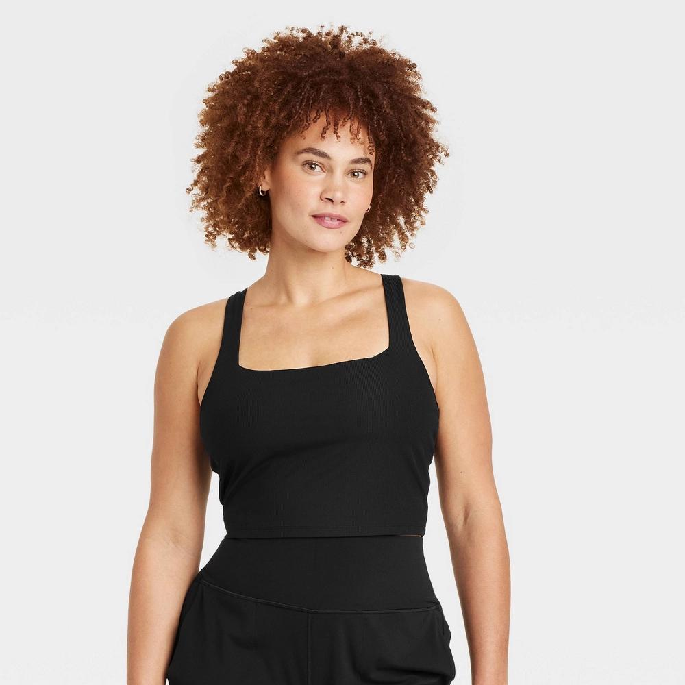 Womens Everyday Soft Light Support Rib Squareneck Cropped Sports Bra - All In Motion Black XS: Moisture Wicking, Removable Cups Product Image