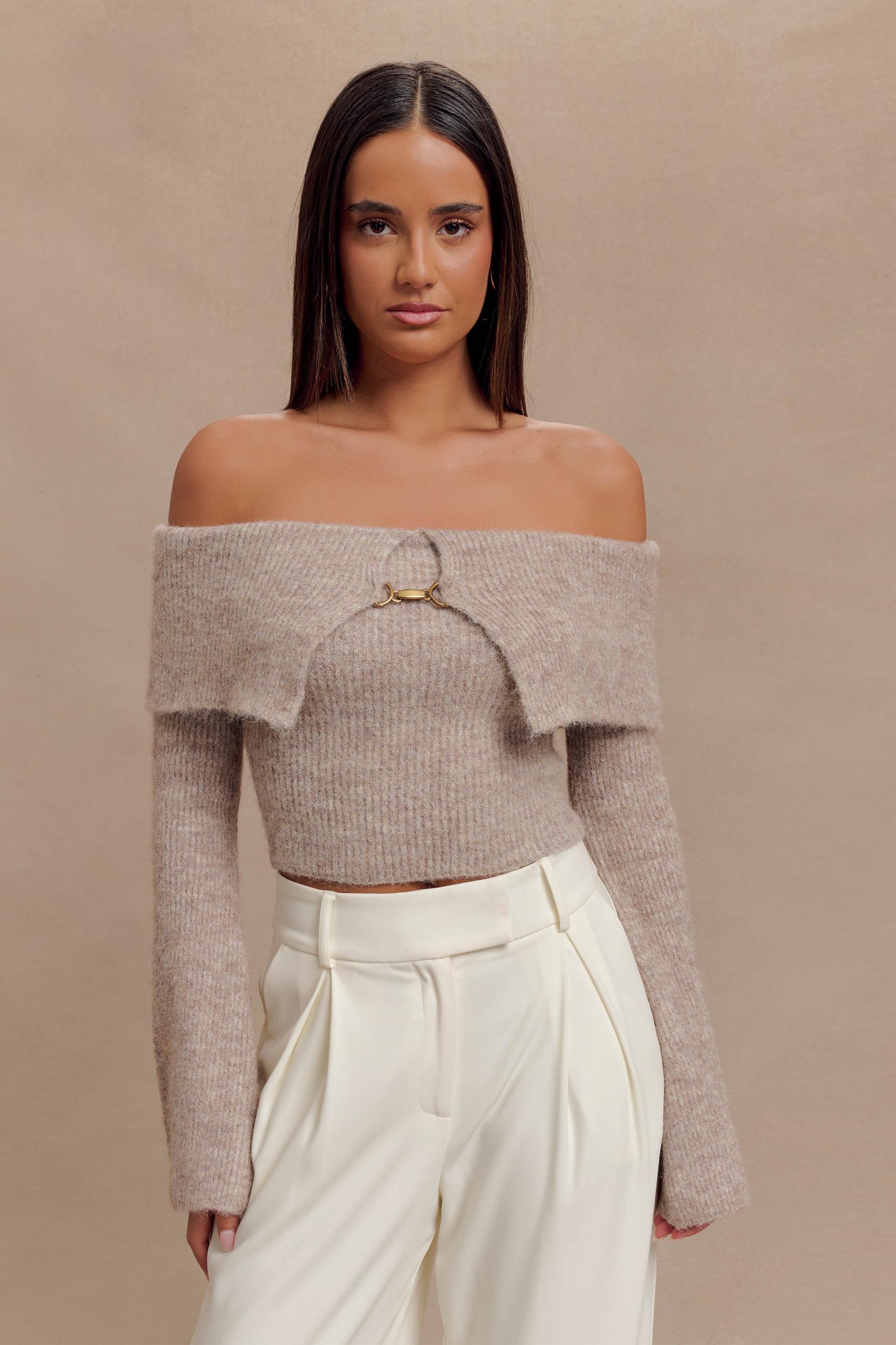Baxter Off Shoulder Fluffy Knit Top - Taupe Product Image